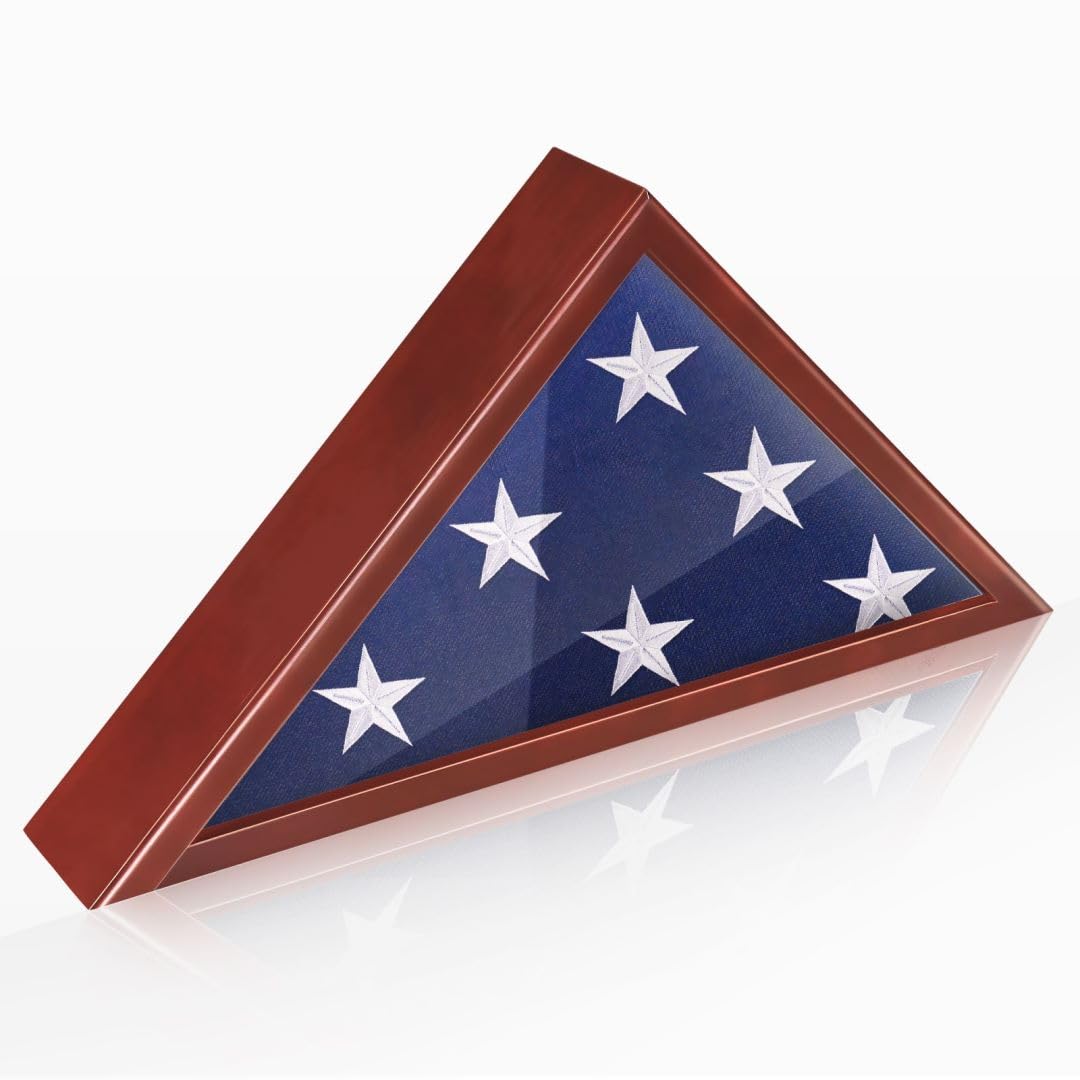 DANF Flag Display Case for 5' x 9.5' American Veteran Burial Flag, Mahogany Wooden Frame Case Fits a Folded Military Flag, Triangle Flag Shadow Box with Wall Mount and Acrylic Front