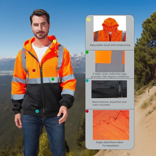 High Visibility Safety Hoodie, Reflective Workwear Sweatshirt, Neon Yellow and Black, Zip-Up2