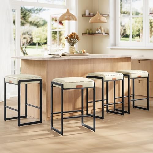 Image of VASAGLE EKHO Collection - Bar Stools Set of 4, Counter Height Bar Stools, Synthetic Leather with Stitching, Mid-Century Modern Counter Stools, 26-Inch Tall, Kichen Home Bar Dining Room, Cream White