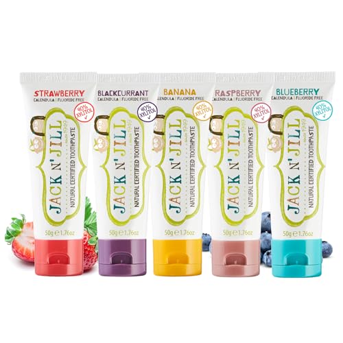 Image of Jack N' Jill Natural Toddler Toothpaste - Fluoride Free Training Toothpaste for Toddlers 1-3, 40% Xylitol, BPA Free - 1.76 oz (Variety Pack of 5)