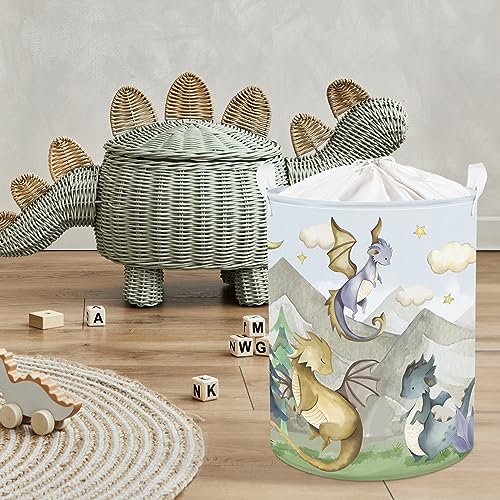 Clastyle 45L Cute Dinosaurs Kids Laundry Hamper for Boys Girls Mountain Tree Cloud Round Toys Clothes Storage Basket for Nursery Room, 14.2x17.7 in, 36x45 cm (CTS0189) - Image 3