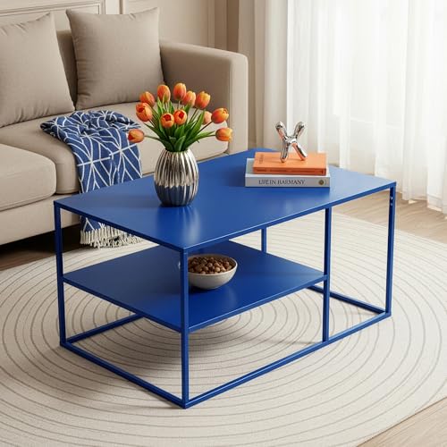 [en.casa] Table Basse du Salon Rectangulaire Acier Solide Robuste Étagère de Rangement 45 x 90 x 60 cm Bleu Foncé