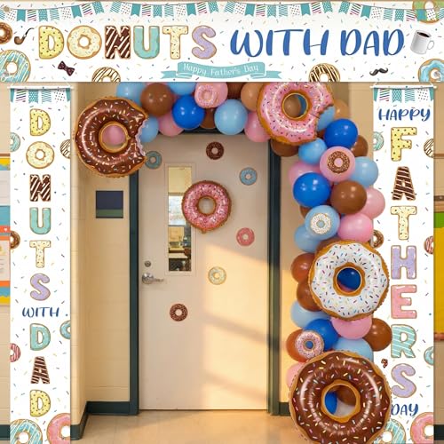 Fanfanwin 3 Pcs Happy Fathers Day Banner Donuts with Dad Decorations Donuts Sprinkles Father Day Decor I Love Best Dad Ever Background Thank You Appreciation Party Supplies for Door Yard Decor