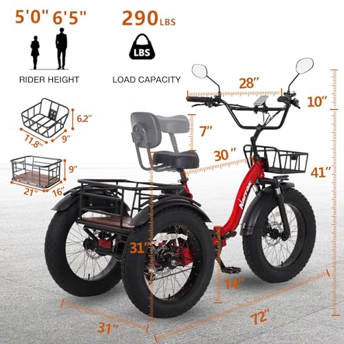 Electric Tricycle for Adults,Fat Tire Folding Electric Trike,3 Wheels Electric Bicycle Bikes, Peak 1350W Step-Thru Etrike with Removable Battery and Large Basket for Women Men