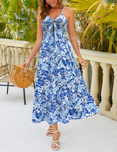 Image of Kranda Women 2026 Summer Sundress High Waist Tie Front Spaghetti Strap Long Beach Floral Tiered Maxi Dress with Pockets