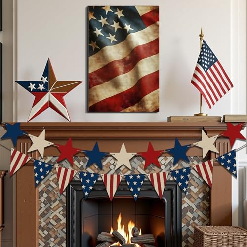 Image of Framed Vintage Distressed American Flag Wall Art, Patriotic Rustic Canvas Art Pictures, USA Flag Wall Decor, Made in USA Ready to Hang for Living Room Garage