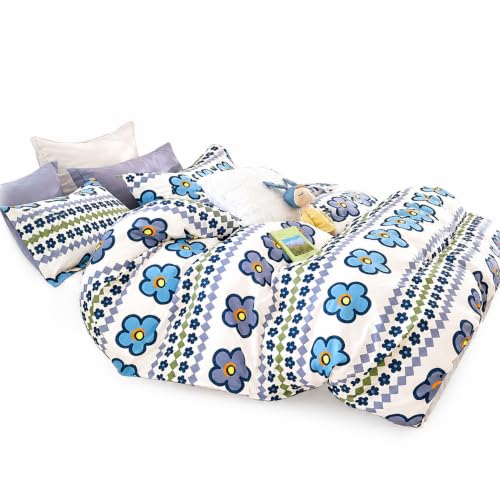 Image of COVE & HUES Cotton Diwan Set Covers |8 Pieces Diwan Cover Set|300 TC Fabric| Pure Cotton Printed Deewan Set (1 Single Bedsheet, 2 Bolster Covers, 5 Cushion Covers)|KC 00 (White Blue Daisy)