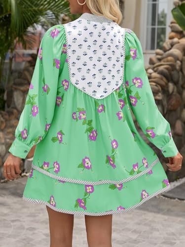 Image of Wenrine Womens Casual Floral Mini Dress Fall Long Sleeve V Neck Patchwork Loose Boho Shirt Dresses