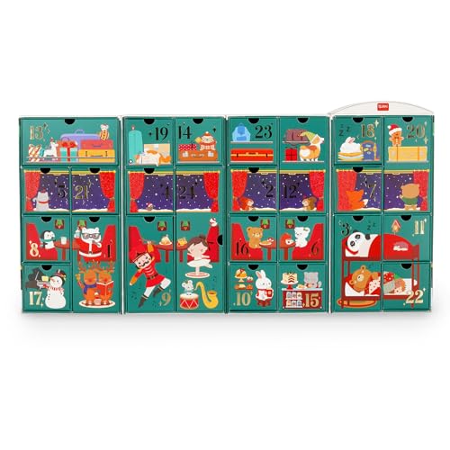 Legami - Adventskalender 2025, 24 Überraschungen, darunter 1 löschbarer Stift in limitierter Auflage, wiederverwendbar, langlebig, Details aus Folie und Glitzer, 33 x 39 x 6,7 cm