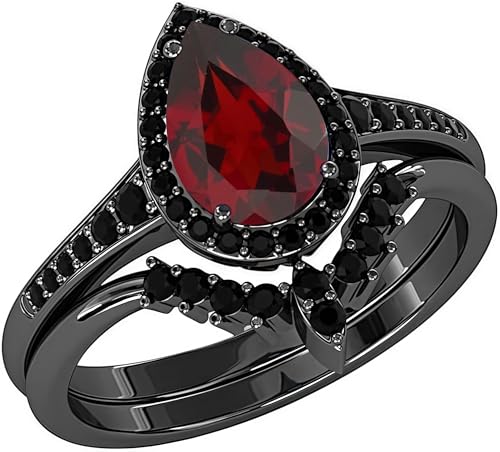 3.0 ctw Black Wedding Ring Set For Women, AAAA Quality Pear Shaped Opal Bridal Wedding Band Two-In-One Halo Engagement Rings, Jewelry Gifts for Anniversary Birthday