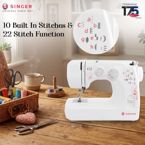 Image of SINGER 1310 Automatic Zig Zag Electric Sewing Machine | 10 Built-in Stitches & 22 Stitch Functions | Powerful 60 W Motor | 4-Step Buttonhole | Length Dial | LED Light | Metal Frame | 2 Years Warranty