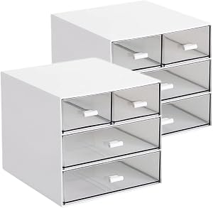 2 PCS Desk Storage, Makeup Storage Box With 4 Drawers, Plastic Office Stationery Supplies Organizers, Desktop Organizer for Office School Home And Bathroom (White-2pcs，CA)