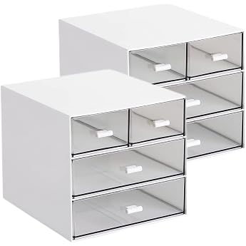 Desk Storage Makeup Storage Box with 4 Drawers Plastic Office Supplies Desk Organizer for Office School Home and Bathroom White 2 Pack