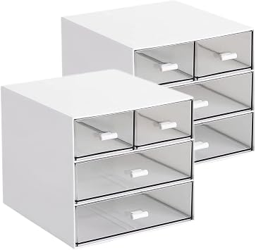 2 PCS Desk Storage, Makeup Storage Box With 4 Drawers, Plastic Office Stationery Supplies Organizers, Desktop Organizer for Office School Home And Bathroom White-2pcs UK