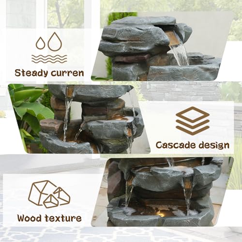 Image of Sunlinua 42 inch H Outdoor Water Fountain with 5 Tiers Large Cascading Realistic Tree Trunk Waterfall Fountains with LED Lights Outdoor Water Fountain for Garden Patio Backyard Porch Home Decor