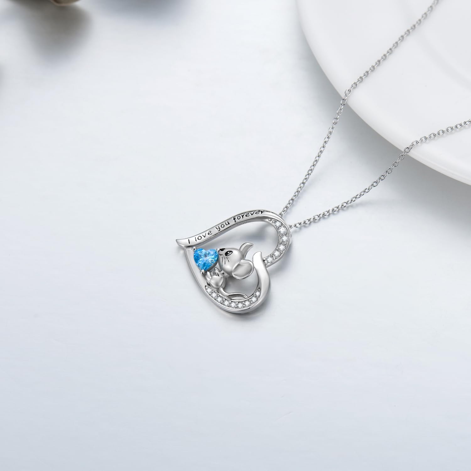 Mouse Necklace for Women 925 Sterling Silver Heart Cut Aquamarine I Love You Forever Mouse Pendant Necklace - Image 3