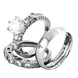 Lanyjewelry His/Hers 3 PCS Brilliant Cut CZ Womens Stainless Steel Set w/Mens Band-W5M13
