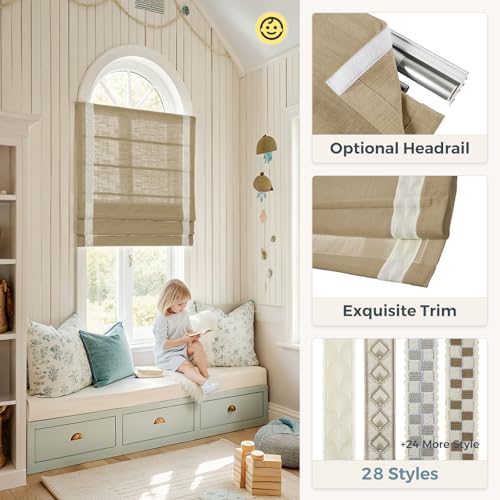 Image of TWOPAGES Liz No Drill Cordless Roman Shades Linen Textured Roman Blinds for Windows, Custom Made Room Darkening Blackout Roman Window Shades, Hardware Included, Khaki, 1 Piece