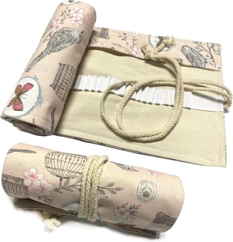 Image of Canvas Pencil Wrap Case, 48 Holes Colored Pencil Roll Holder Storage Pouch for Office (72 Holes, Beige)