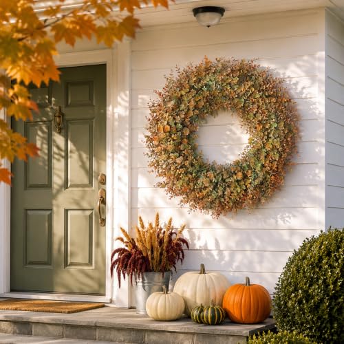 Image of 32 inch Large Fake Eucalyptus Fall Wreath for Front Door Decor(Orange-Green) | Artificial Outdoor Wreath, UV and Water Resistant, for Porch /Window /Wall /Farmhouse /Home /Thanksgiving Day /Autumn Decor