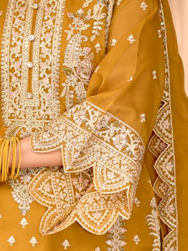 Image of INDO ERA Women's Straight Organza Ethnic Motifs Embroidered Kurta & Pant With Dupatta Set (KH9YL10613)