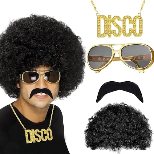 SHIQUAN 70er Jahre Bekleidung Herren 80er Jahre Outfit Herren Karneval Perücke Herren Hippie Kostüm Herren Hippie Kostüm Afro Perücke Geeignet Für Cosplay Halloween Kostümfeste