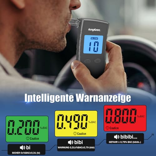 kungfuren Alkoholtester Polizeigenau Alkohol Tester Promillemessgerät: Promilletester Alkoholmessgerät mit 11 Mundstücke - Professioneller Alkoholtest mit Digitaler Blauer Großem LCD Display Grau