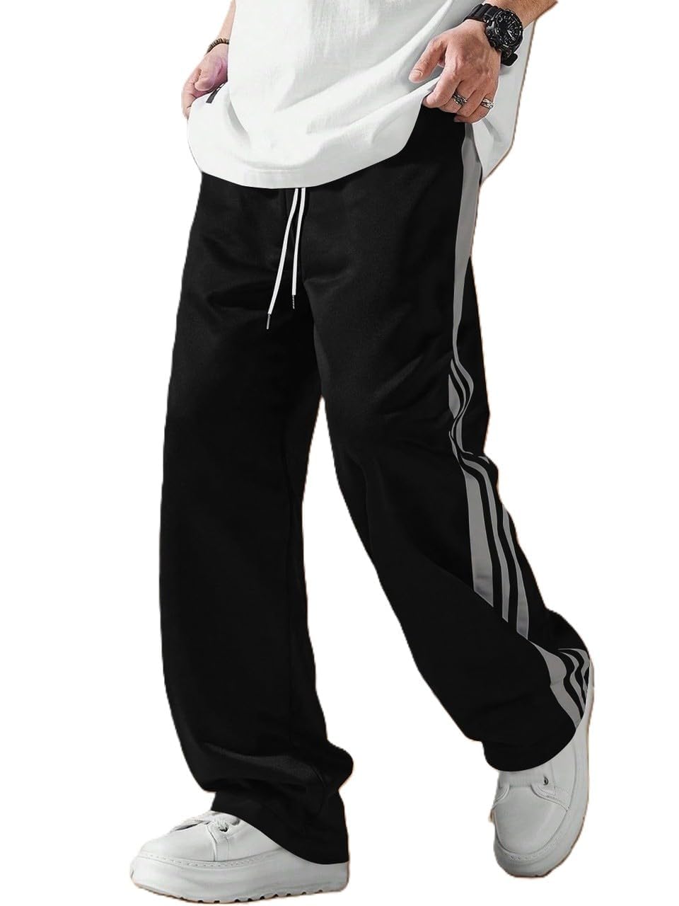 Men’s Relaxed Fit Track Pants with Side Stripe Design – Loose Fit Straight Leg Joggers with Elastic Drawstring Waist, Breathable Fabric Casual Sports Trousers-picture-37