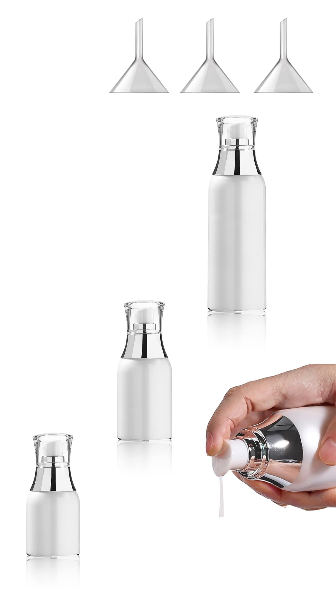 Sweet sevenSet of 3 Airless Pump Jars and three small transparent funnels- Refillable Cosmetic Containers for Lotion, Cream, and Makeup Friendly Design - 30/50/100ML Sizes - Pearly White