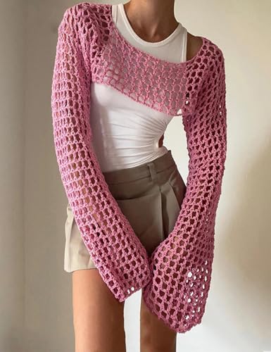 Image of hathne Women's Crochet Crop Top Shrug Y2K Hollow Out Mesh Knit Long Sleeve Sweater, Sexy Beach Bikini Cover Up