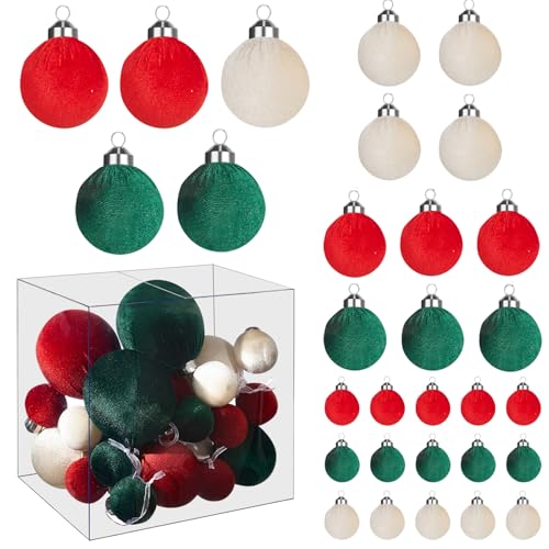 YESPERS 30PCS Velvet Ornaments for Christmas Tree Ornament Set - 3.15/2.36/1.57 Inch Flocked Ornaments - Shatterproof Velvet Christmas Balls for New Year Party (30, Red & Green)