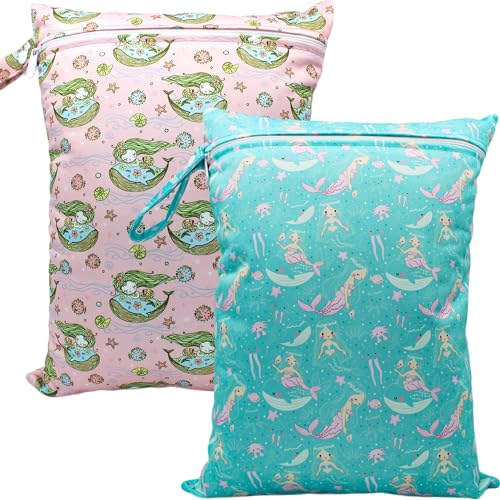 Image of YULUONAPS Wet Dry Bag Waterproof Reusable Wet Bag for Swimsuit, Travel, Beach, Pool, Bathing Suit, Diapers, Dirty Yoga Gym Clothes Daycare Organizer One Zippered Pocket (mermaid)
