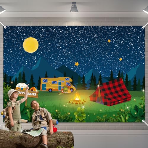 Bannière anniversaire camping pour décorer une fête en plein air