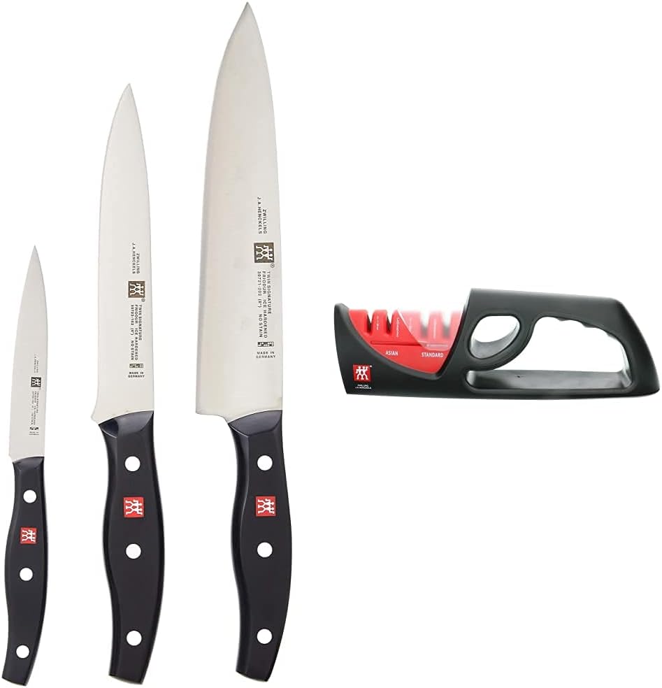 ZWILLING J.A. Henckels Twin Signature, Chef Knife Set, Utility Knife, Paring Knife, Chef Knife 8 Inch, German Knife Set, Black with J.A. Henckels 4-Stage Pull Through Knife Sharpener