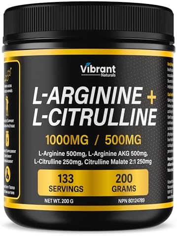 L-Arginine + L-Citrulline Malate Powder - Nitric Oxide Supplement, 1500mg L-Arginine, Arginine AKG, L-Citrulline, Citrulline Malate 2:1, Workout & Performance, by Vibrant Naturals - 133 Servings…