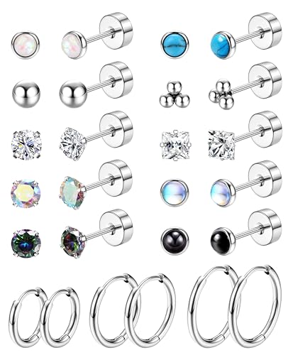 Jstyle Hypoallergenic Flat Back Earrings for Women Men Flatback Stud Earrings Surgical Steel 20G Cartilage Earring Hoop 8/10/12MM Tragus Piercing Jewelry