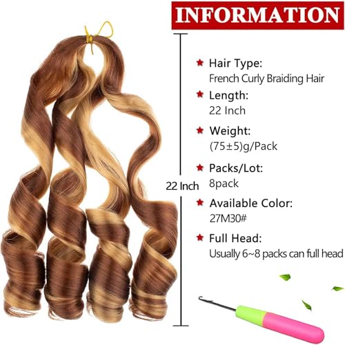 Xtrend 22 Inch 8 Packs French Curls Braiding Hair Pre Stretched Loose Wave Bouncy Braiding Hair Curly For Yaki Texture Precurled Curls Synthetic Hair Extensions For Women(22Inch,27M30#) - Image 2