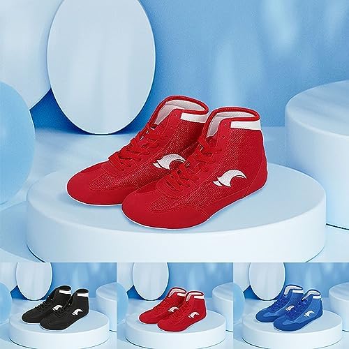 Kinderboksschoenen, high top, training, worstelschoenen, lange laarzen, boksschoenen, wedstrijdtraining, sneakers, schoenen, jongens, maat 35-38, rood, 34 EU