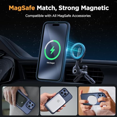 Image of Miracase Magnetic for iPhone 13 Pro Max Case 6.7 inch (Compatible with MagSafe)(with 2X Screen Protectors) Military-Grade Protection, Anti-Fingerprint Translucent Matte Phone Case Cover, Dark Blue