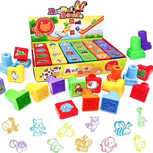 LISOPO Juego de sellos de animales, 24 unidades, para niños, con motivos de animales para niños, para manualidades, álbumes de recortes, impresión, regalos, obsequios Cover