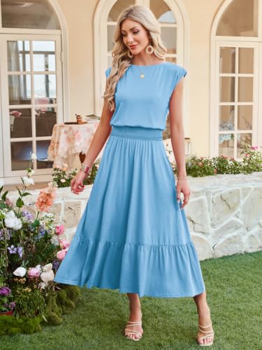 Image of Kikibell Womens Summer Dresses Cap Sleeve Elastic Waist Midi Dress with Pocket Long Causal Sundress Beach Vacation Outfits
