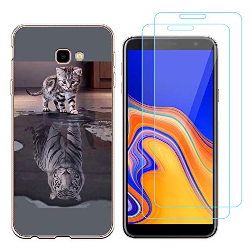 Funda Samsung Galaxy J4 Plus 2018 el Cambio del Gato de Tigre Suave TPU Silicona Trasero Carcasa para Samsung Galaxy J4 Plus 2018 (6.0 Pulgada) con Dos Protector de Cristal Templado Film