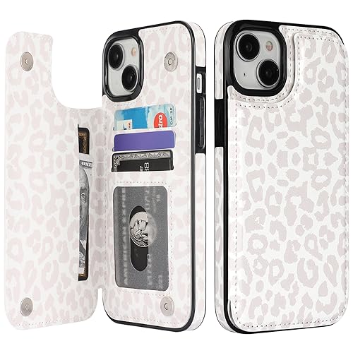 HAOPINSH iPhone 15 Plus Case Wallet - Flip Folio PU Leather Kickstand Card Slots Case for Women Girls Double Magnetic Clasp White Leopard Cheetah Pattern 6.7