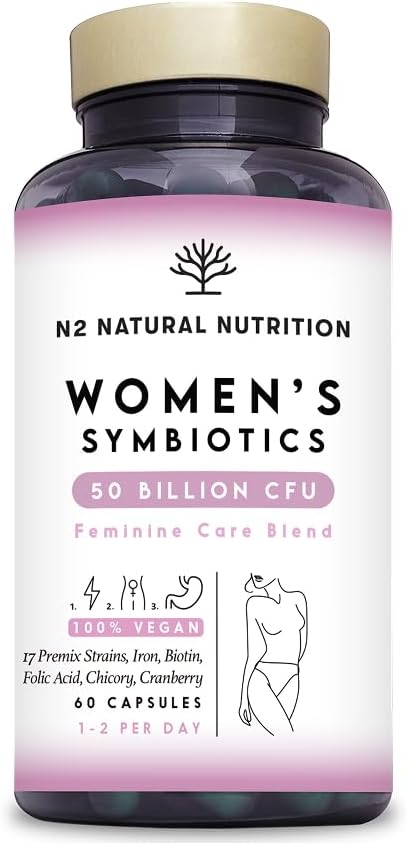 Probioticos Mujer + Flora Intima. 1 capsula/Día para 2 Meses. 50 Mil Millones UFC y 17 Cepas. Formula Complex con Hierro, Arándanos y Acido Fólico, Salud Digestiva e Intima. N2 Natural Nutrition