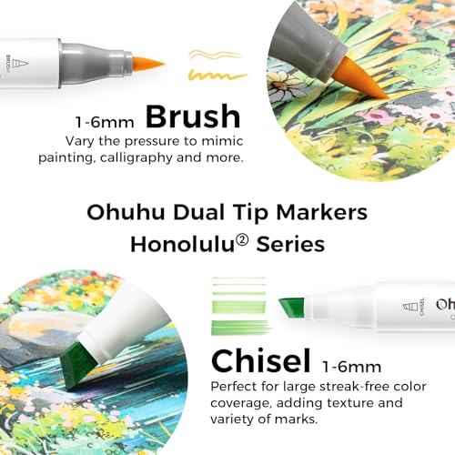 Image of Ohuhu Alcohol Markers Brush Tip -Double Tipped Art Marker Set for Artist Adults Coloring Illustration - 120 Colors- Brush & Chisel Dual Tips- Honolulu 2 of Ohuhu Markers- Refillable Alcohol-based Ink