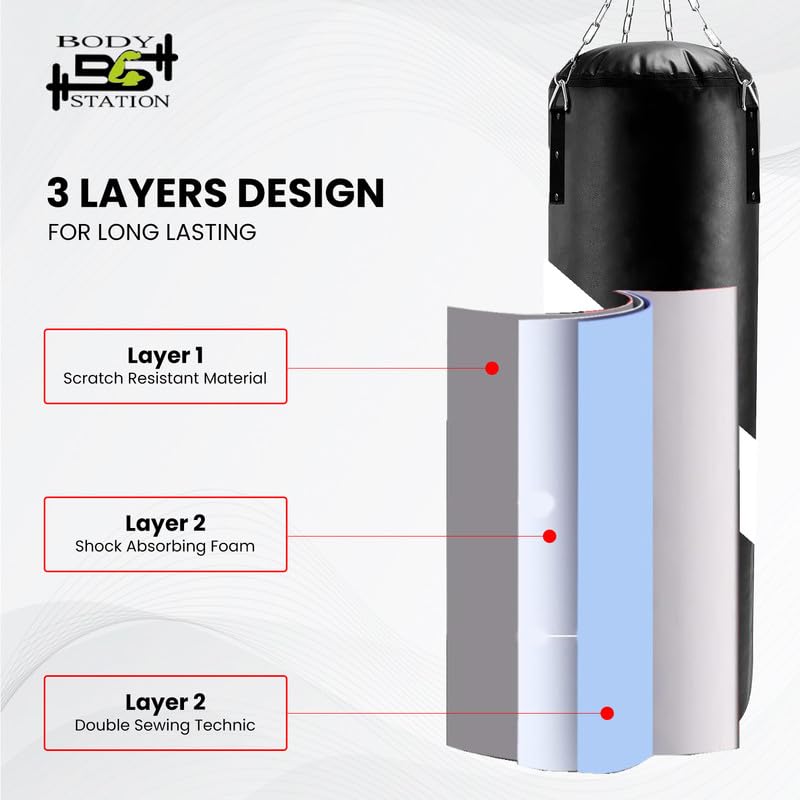 Image of Heavy-Duty 3-Layer of PU Leather Punching Bag Durable Design with Attached Free Hanging & Detachable 4 S-Hook Connectors for Workout MMA Boxing Home Gym Training Equipment Black