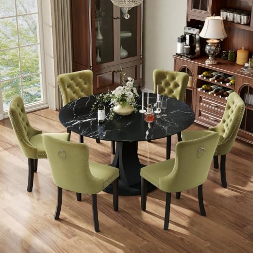 Image of 7-Piece Dining Table Set for 6 with 47 In Black Faux Marble Round Table | Circle Dining Room Table with 6 Velvet Upholstered Chairs, Modern Scandinavian Furniture for Dining Room Kitchen(Olive Green)