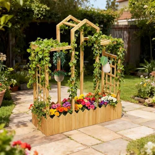 XiliqingEco Raised Garden Bed with Trellis for Vegetables, Planter Box with Trellis Climbing Plants, Privacy Planter for Outdoor Yard & Patio, Easy Assembly. (Dark Yellow)