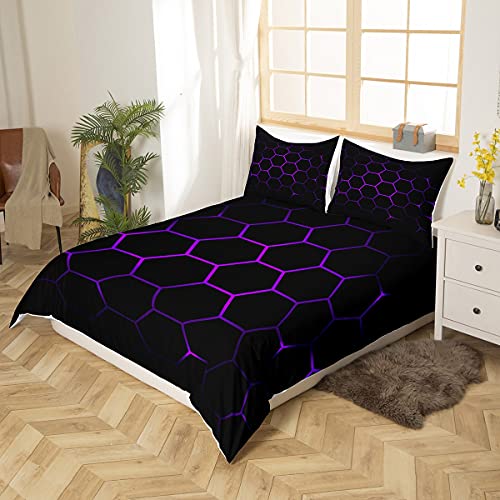 Housse de couette géométrique 3D hexagone violet noir 3 pièces double - 3