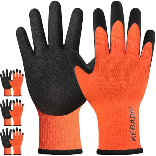 Image of Kebada T3 Winter Work Gloves for Men and Women, Long Cuffs, 3 Pairs, Orange | XX-Large, warm knit gloves, fleece-lined, latex coated, non-slip grip. Ideal for freezer work, mechanical and construction
